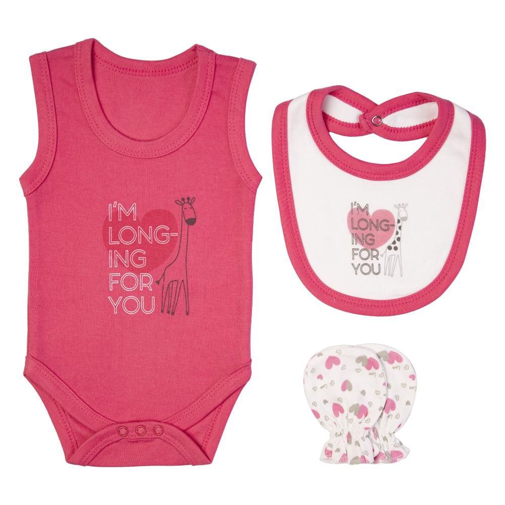 Babies Basic - 7pc Cotton Set - Bib, Romper, Mittens, Blanket, Cap, Top & Pyjama - Heart - Pink/White