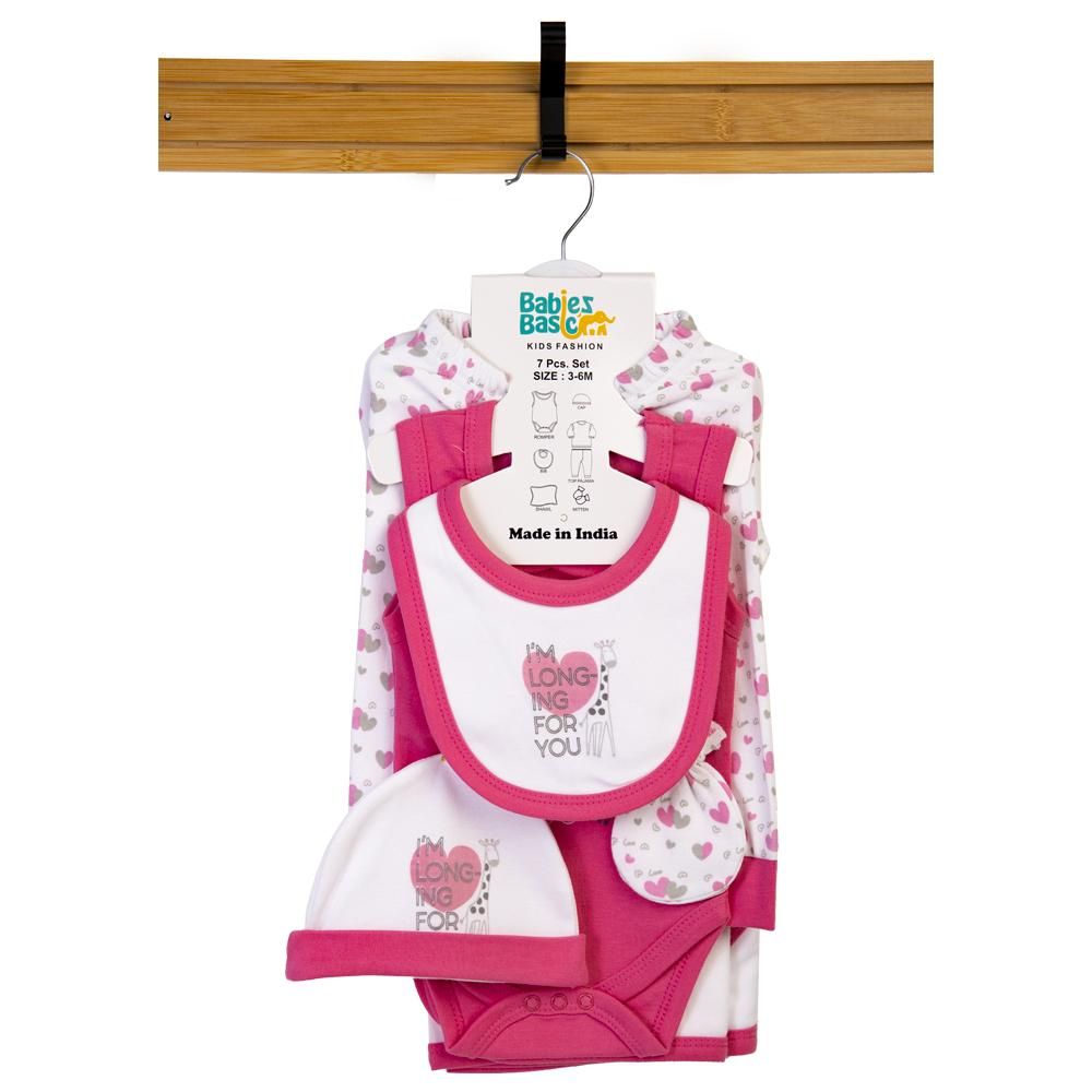 Babies Basic - 7pc Cotton Set - Bib, Romper, Mittens, Blanket, Cap, Top & Pyjama - Heart - Pink/White