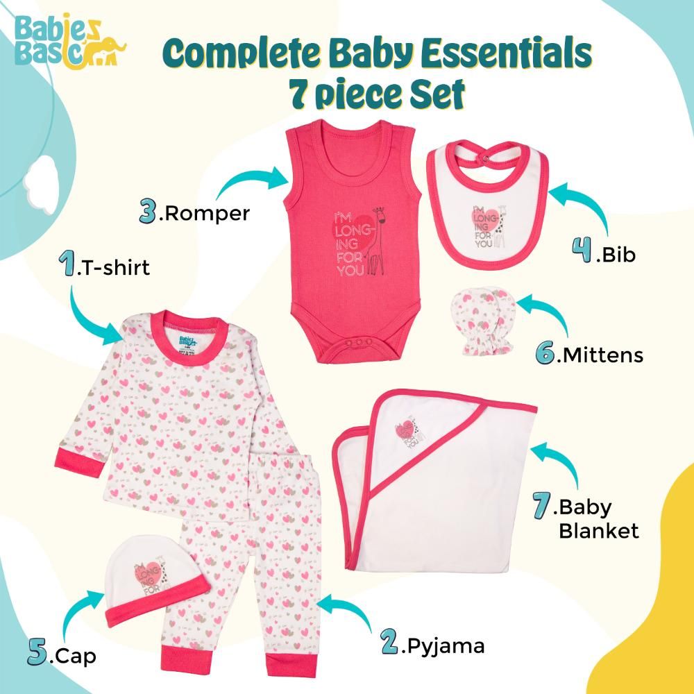 Babies Basic - 7pc Cotton Set - Bib, Romper, Mittens, Blanket, Cap, Top & Pyjama - Heart - Pink/White