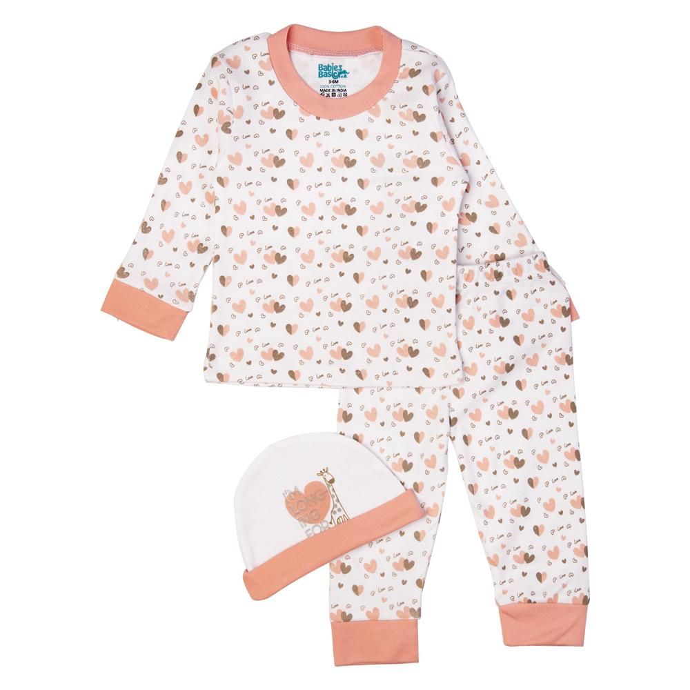 Babies Basic - 7pc Cotton Set - Bib, Romper, Mittens, Blanket, Cap, Top & Pyjama - Heart - Rose-3-6M