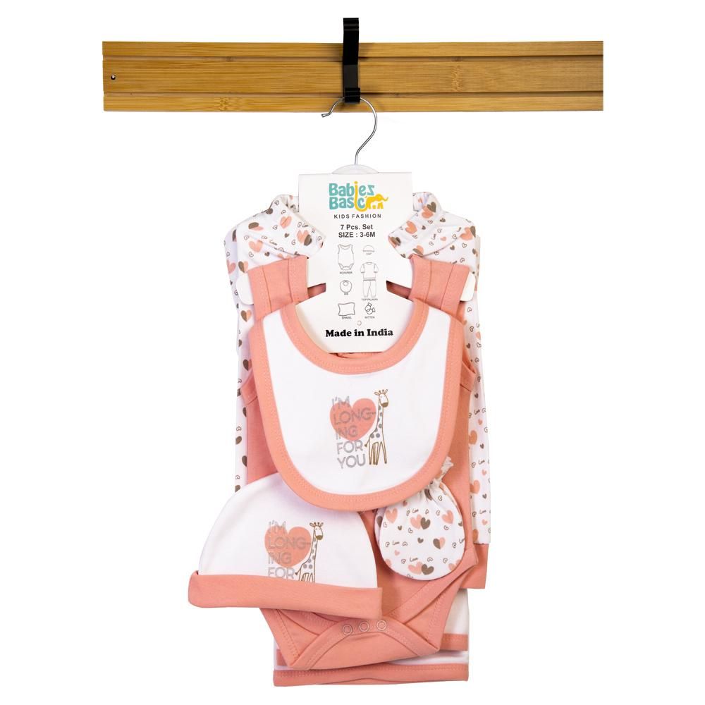 Babies Basic - 7pc Cotton Set - Bib, Romper, Mittens, Blanket, Cap, Top & Pyjama - Heart - Rose-3-6M