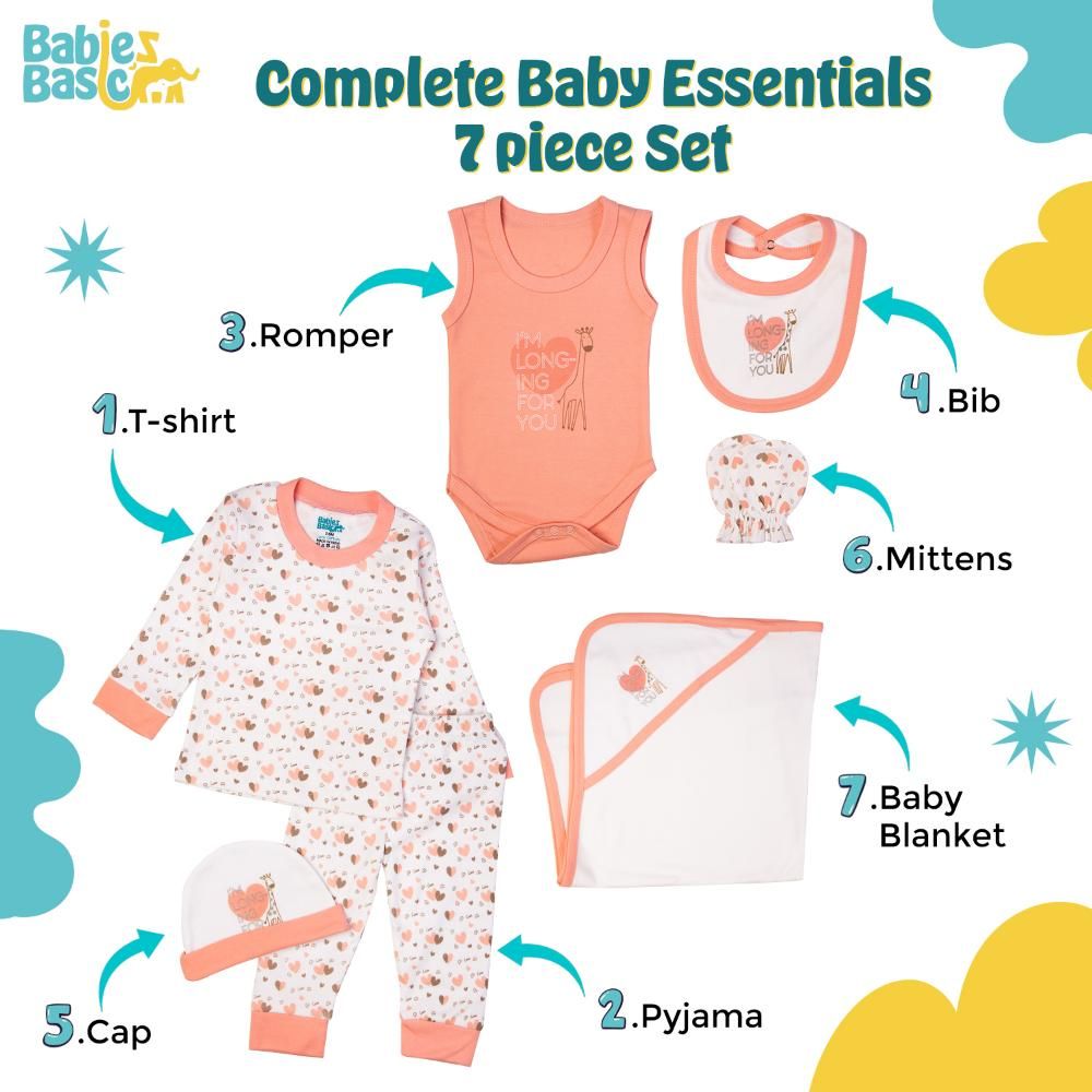 Babies Basic - 7pc Cotton Set - Bib, Romper, Mittens, Blanket, Cap, Top & Pyjama - Heart - Rose-3-6M