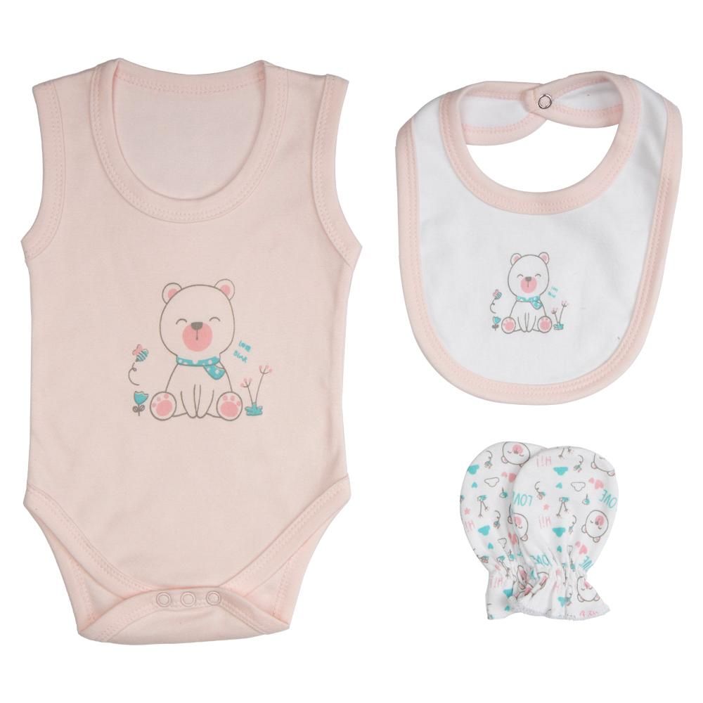 Babies Basic - 7pc Cotton Set - Bib, Romper, Mittens, Blanket, Cap, Top & Pyjama - Teddy Bear - Light Pink