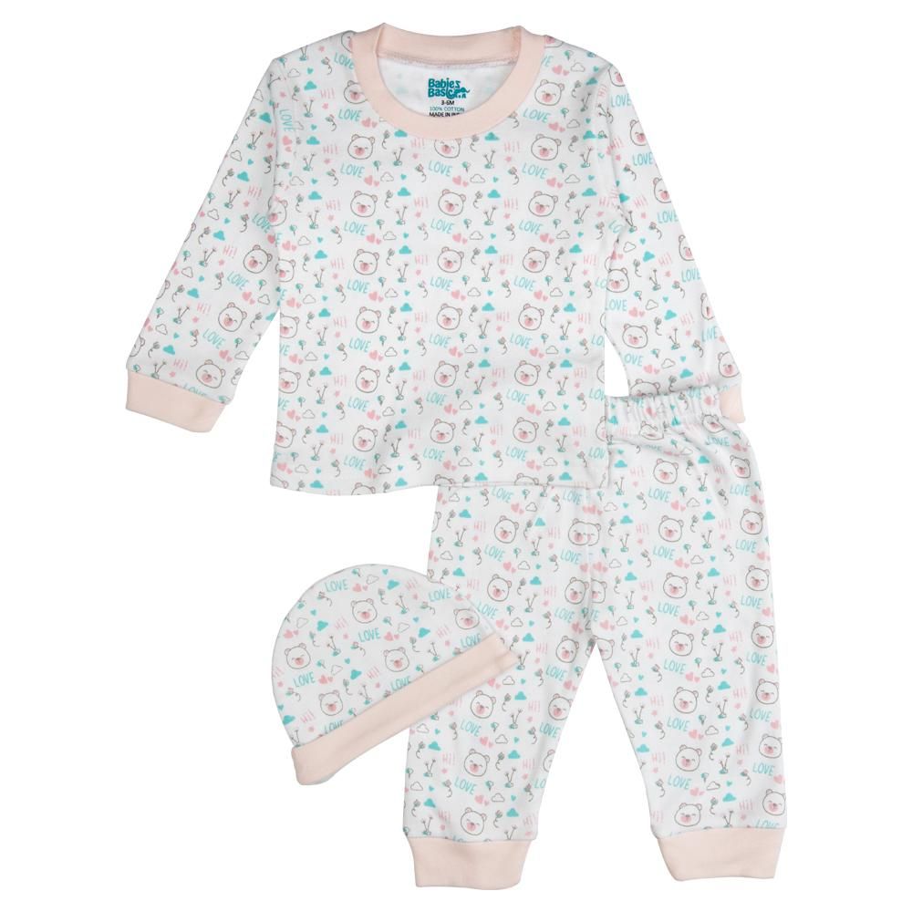 Babies Basic - 7pc Cotton Set - Bib, Romper, Mittens, Blanket, Cap, Top & Pyjama - Teddy Bear - Light Pink