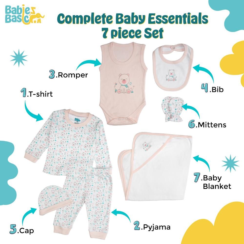 Babies Basic - 7pc Cotton Set - Bib, Romper, Mittens, Blanket, Cap, Top & Pyjama - Teddy Bear - Light Pink