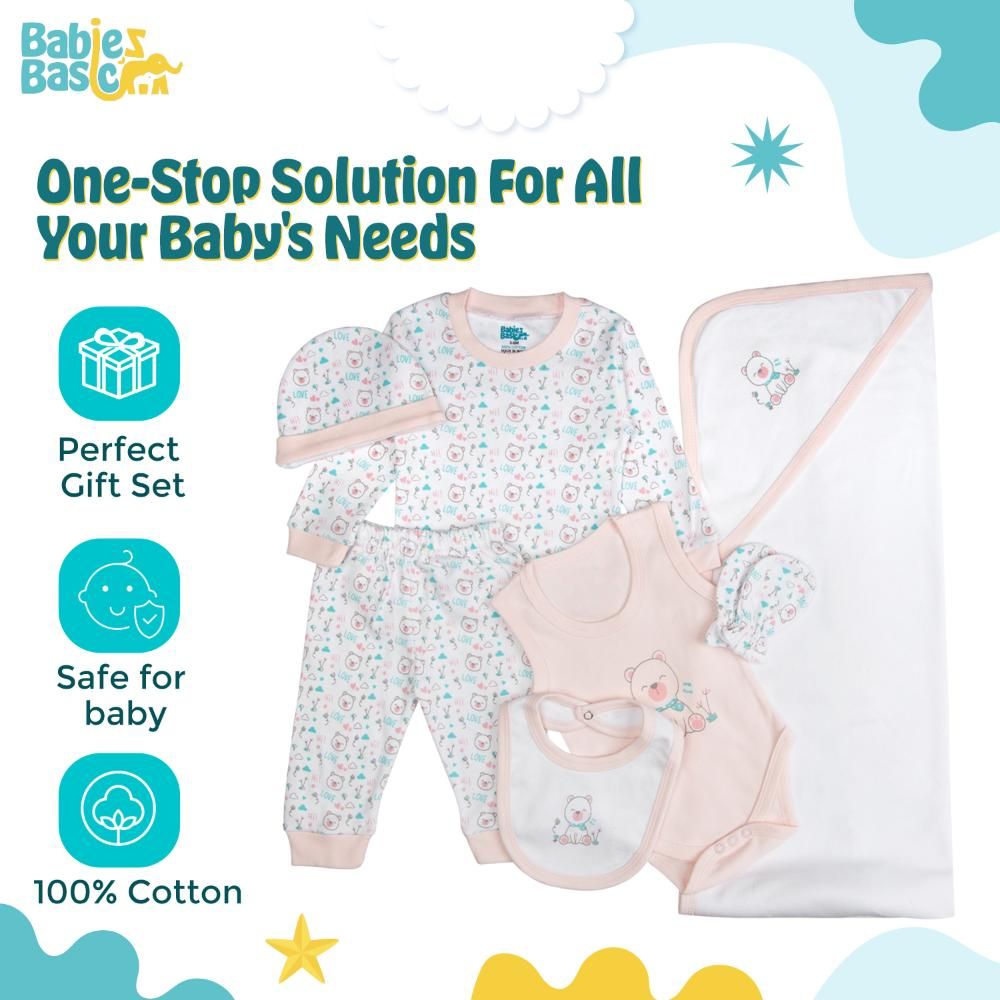 Babies Basic - 7pc Cotton Set - Bib, Romper, Mittens, Blanket, Cap, Top & Pyjama - Teddy Bear - Light Pink