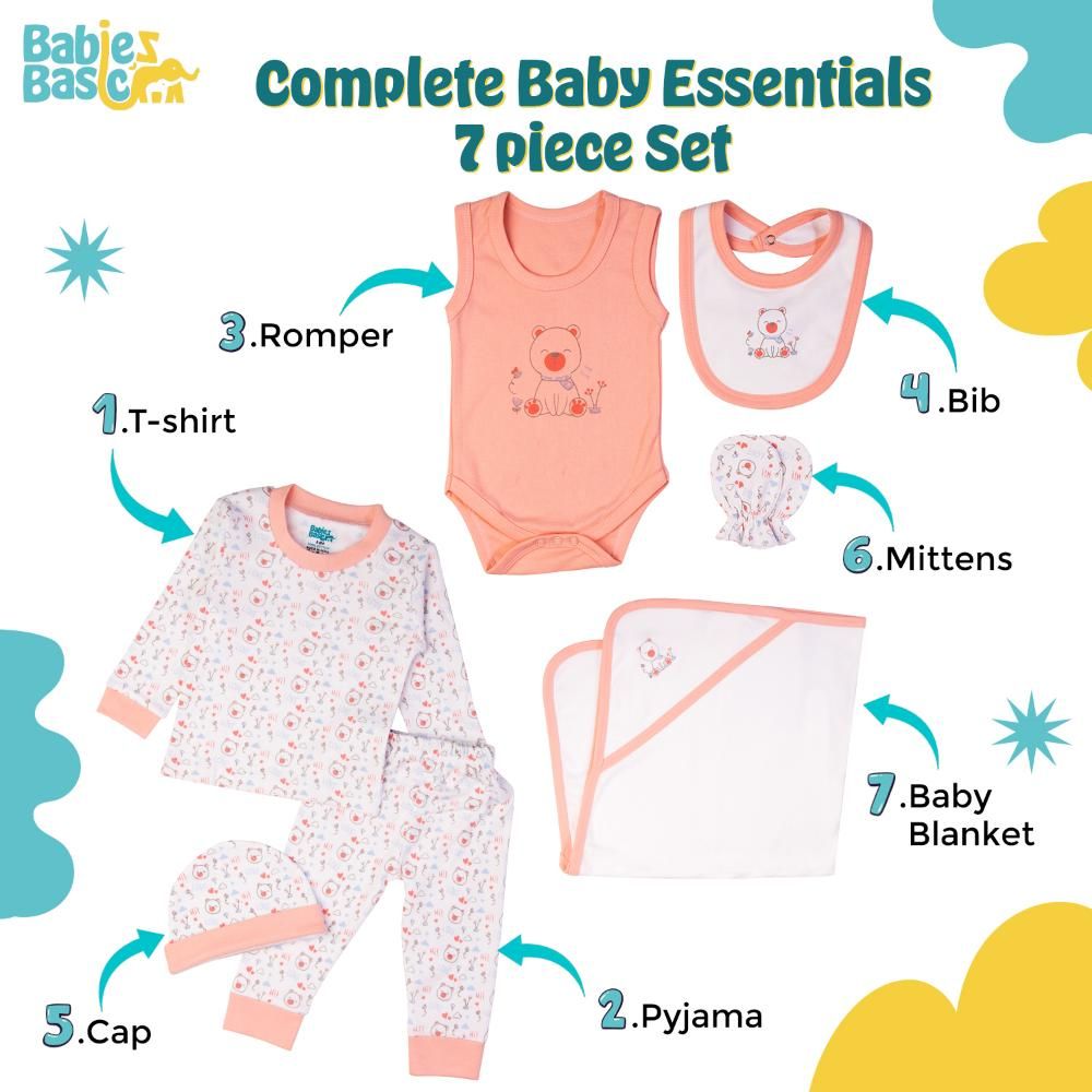 Babies Basic - 7pc Cotton Set - Bib, Romper, Mittens, Blanket, Cap, Top & Pyjama - White/Pink