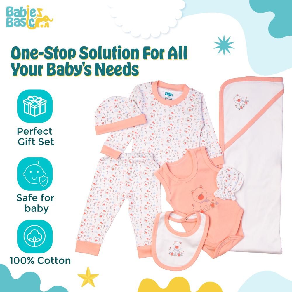 Babies Basic - 7pc Cotton Set - Bib, Romper, Mittens, Blanket, Cap, Top & Pyjama - White/Pink