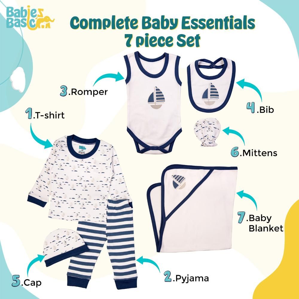 Babies Basic - 7pc Cotton Set - Bib, Romper, Mittens, Blanket, Cap, Top & Pyjama - Air Force Blue