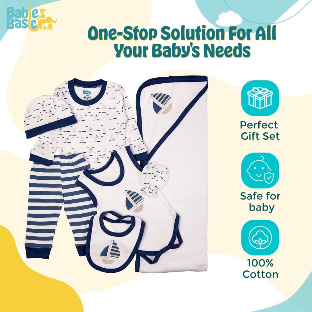 Babies Basic - 7pc Cotton Set - Bib, Romper, Mittens, Blanket, Cap, Top & Pyjama - Air Force Blue