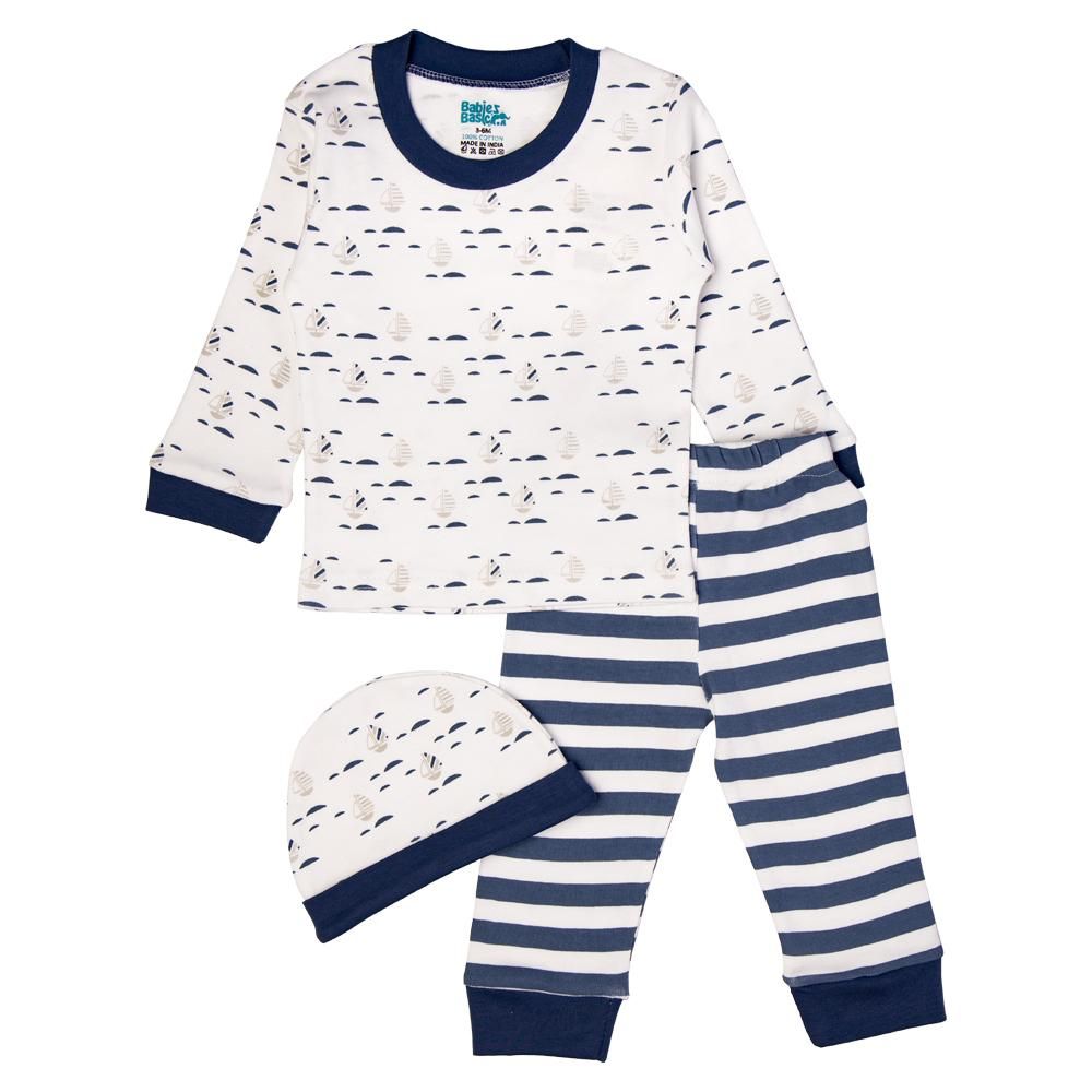 Babies Basic - 7pc Cotton Set - Bib, Romper, Mittens, Blanket, Cap, Top & Pyjama - Air Force Blue