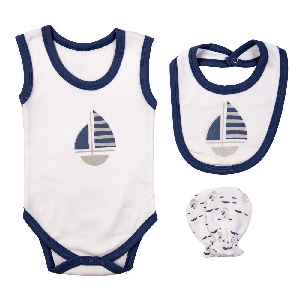 Babies Basic - 7pc Cotton Set - Bib, Romper, Mittens, Blanket, Cap, Top & Pyjama - Air Force Blue