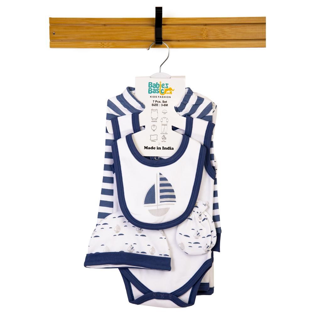 Babies Basic - 7pc Cotton Set - Bib, Romper, Mittens, Blanket, Cap, Top & Pyjama - Air Force Blue