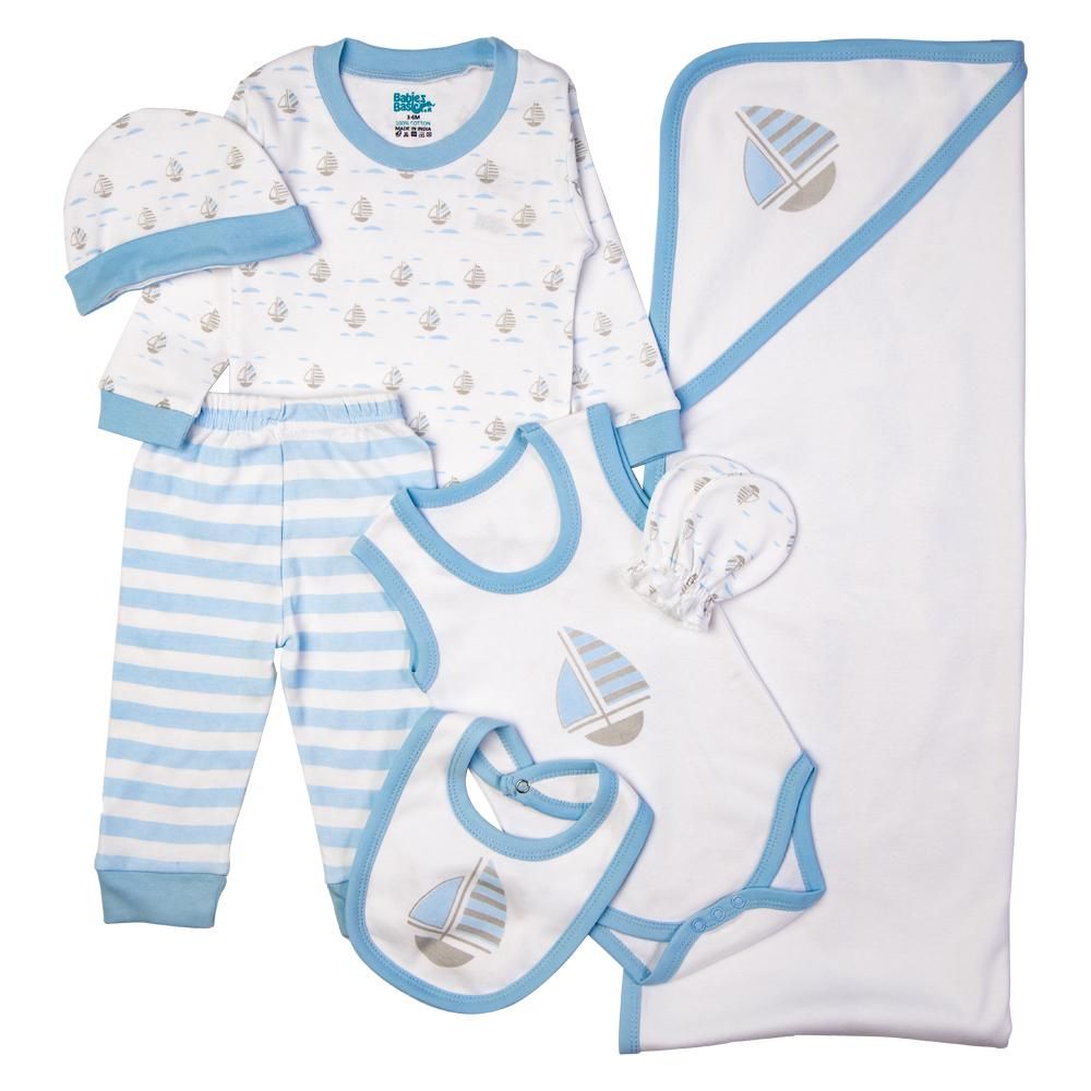 Babies Basic - 7pc Cotton Set - Bib, Romper, Mittens, Blanket, Cap, Top & Pyjama - Boat - Sky Blue