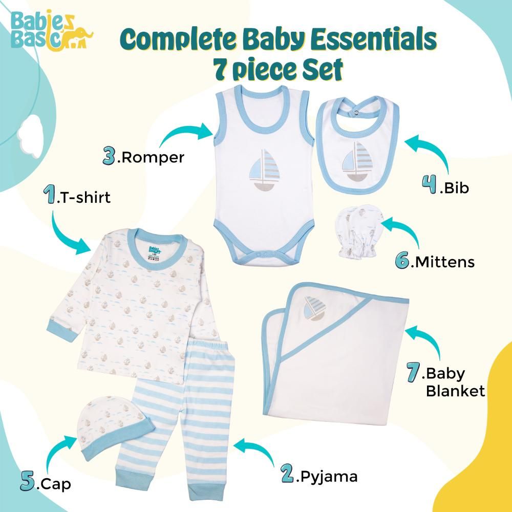 Babies Basic - 7pc Cotton Set - Bib, Romper, Mittens, Blanket, Cap, Top & Pyjama - Boat - Sky Blue