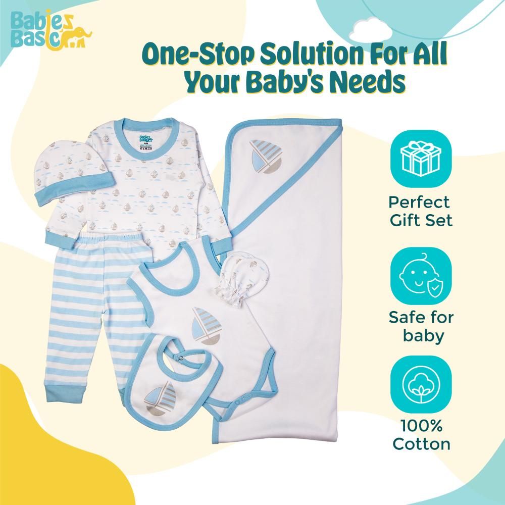 Babies Basic - 7pc Cotton Set - Bib, Romper, Mittens, Blanket, Cap, Top & Pyjama - Boat - Sky Blue