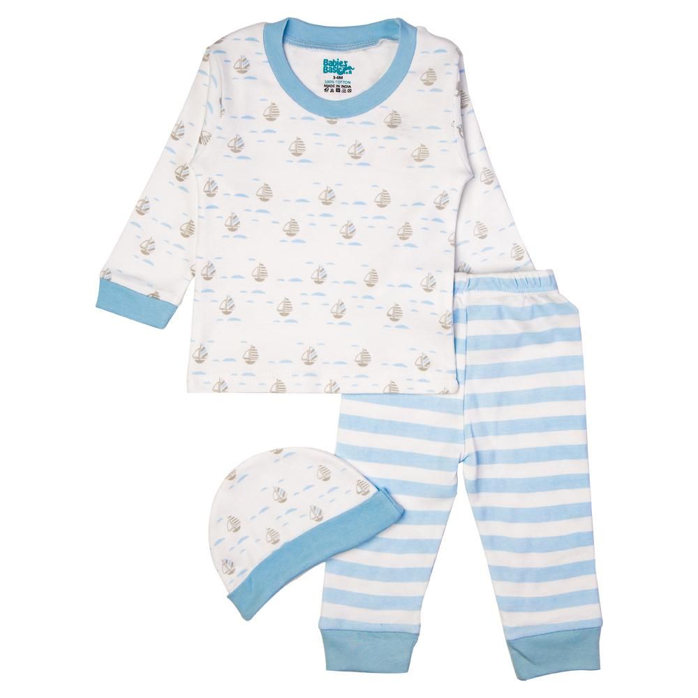 Babies Basic - 7pc Cotton Set - Bib, Romper, Mittens, Blanket, Cap, Top & Pyjama - Boat - Sky Blue