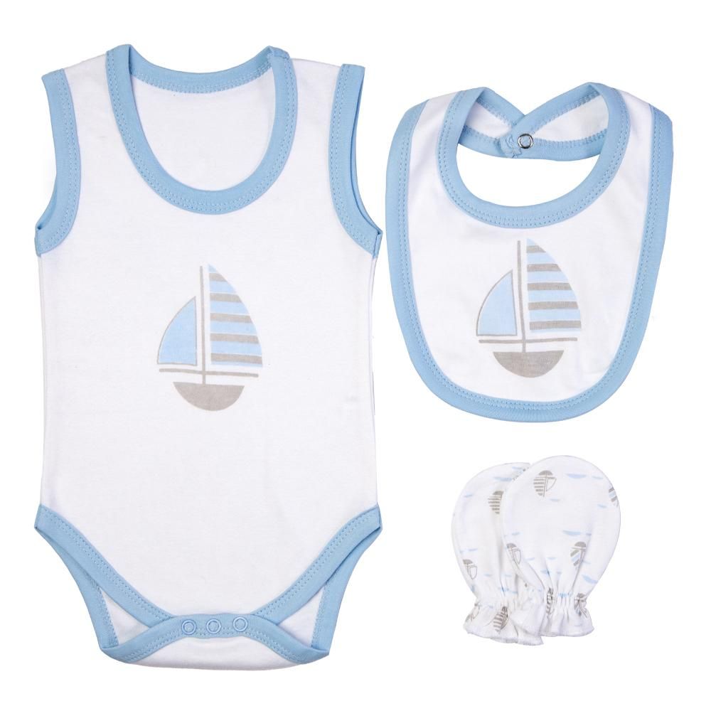 Babies Basic - 7pc Cotton Set - Bib, Romper, Mittens, Blanket, Cap, Top & Pyjama - Boat - Sky Blue