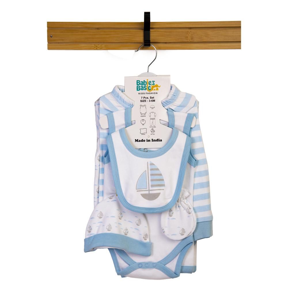 Babies Basic - 7pc Cotton Set - Bib, Romper, Mittens, Blanket, Cap, Top & Pyjama - Boat - Sky Blue