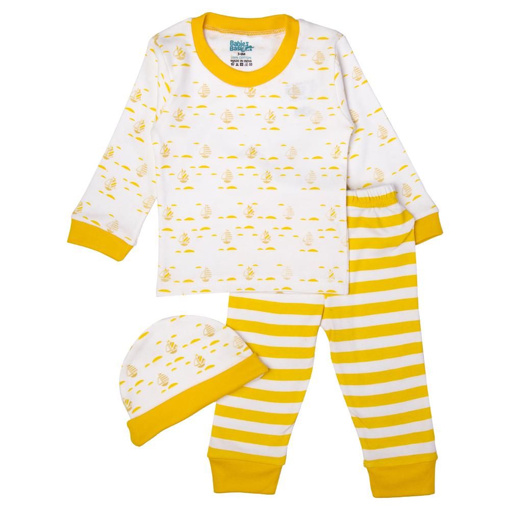 Babies Basic - 7pc Cotton Set - Bib, Romper, Mittens, Blanket, Cap, Top & Pyjama - Boat - Lemon/White