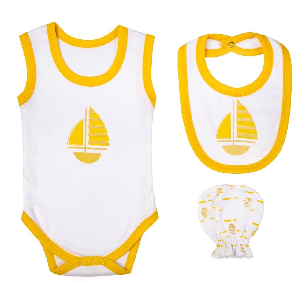 Babies Basic - 7pc Cotton Set - Bib, Romper, Mittens, Blanket, Cap, Top & Pyjama - Boat - Lemon/White