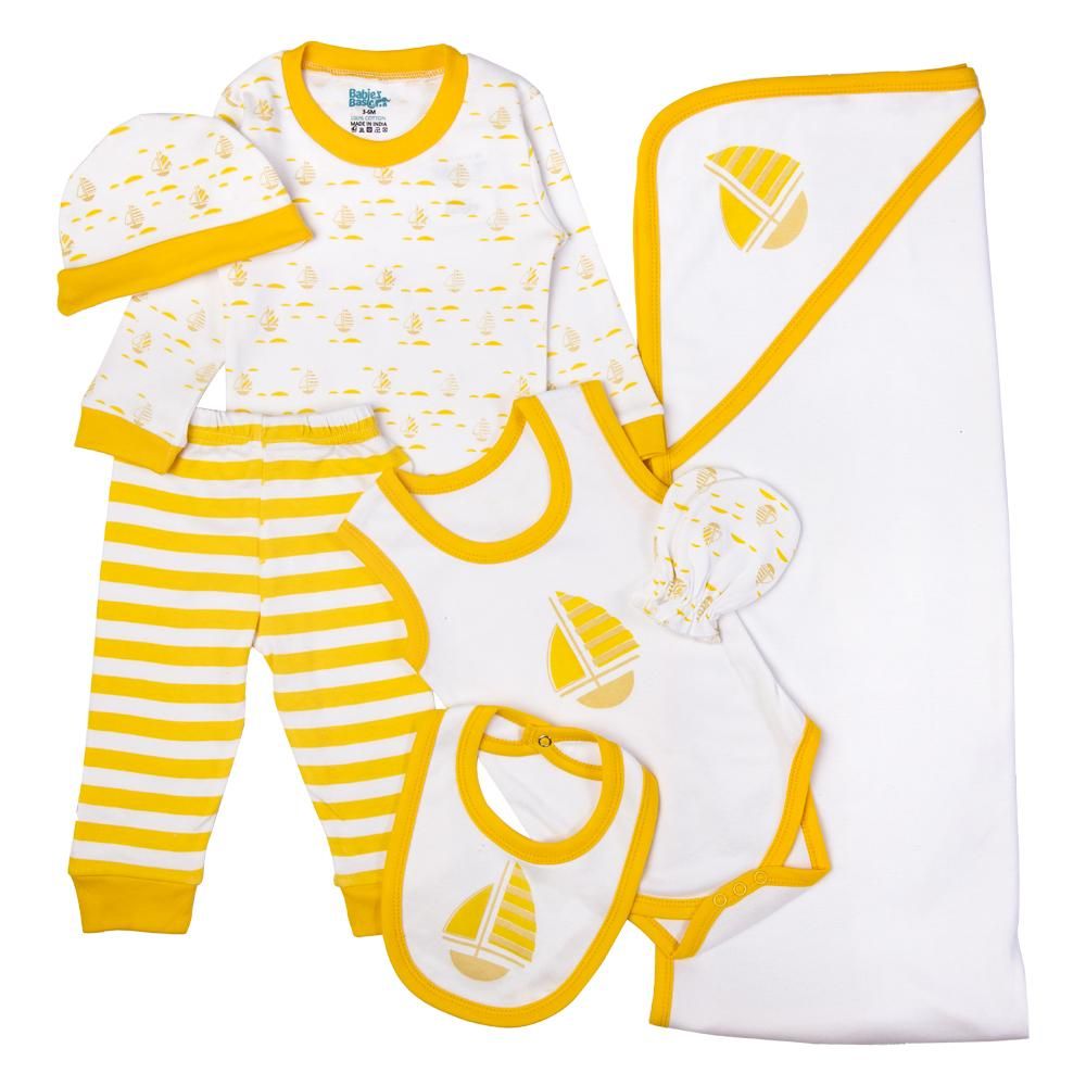 Babies Basic - 7pc Cotton Set - Bib, Romper, Mittens, Blanket, Cap, Top & Pyjama - Boat - Lemon/White