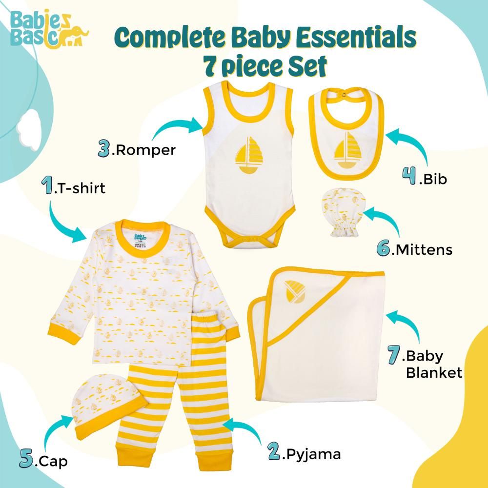 Babies Basic - 7pc Cotton Set - Bib, Romper, Mittens, Blanket, Cap, Top & Pyjama - Boat - Lemon/White