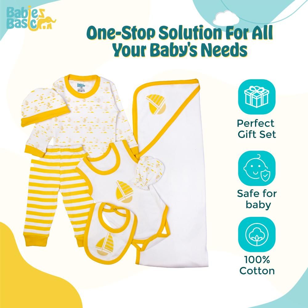 Babies Basic - 7pc Cotton Set - Bib, Romper, Mittens, Blanket, Cap, Top & Pyjama - Boat - Lemon/White