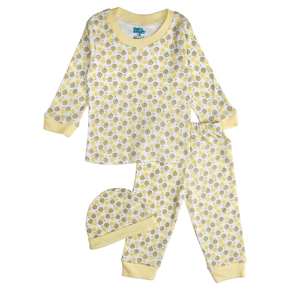 Babies Basic - 7pc Cotton Set - Bib, Romper, Mittens, Blanket, Cap, Top & Pyjama - Flower - Lemon