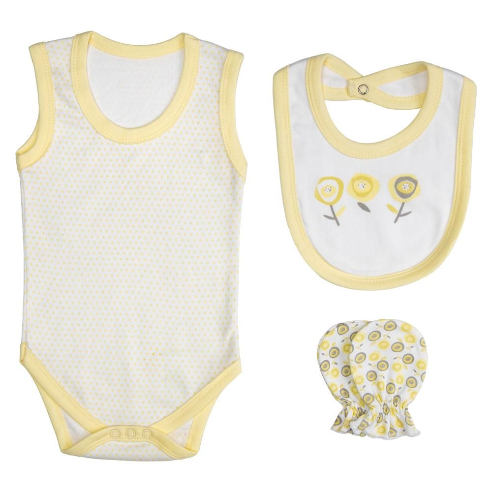 Babies Basic - 7pc Cotton Set - Bib, Romper, Mittens, Blanket, Cap, Top & Pyjama - Flower - Lemon