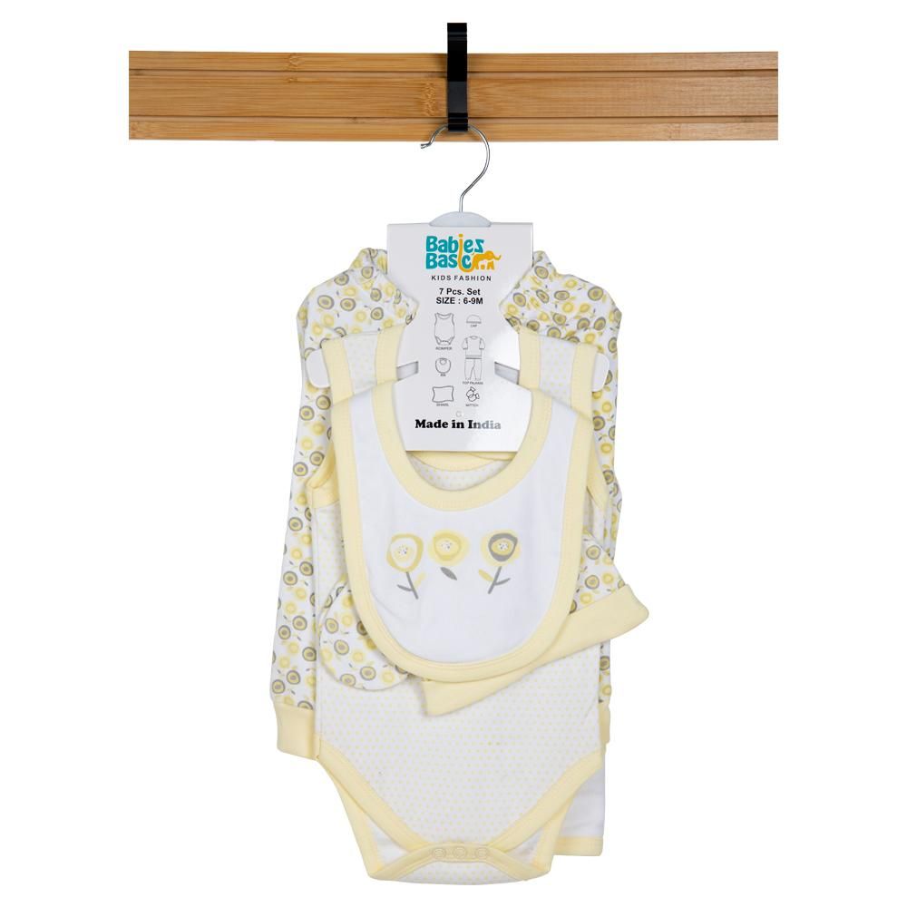 Babies Basic - 7pc Cotton Set - Bib, Romper, Mittens, Blanket, Cap, Top & Pyjama - Flower - Lemon