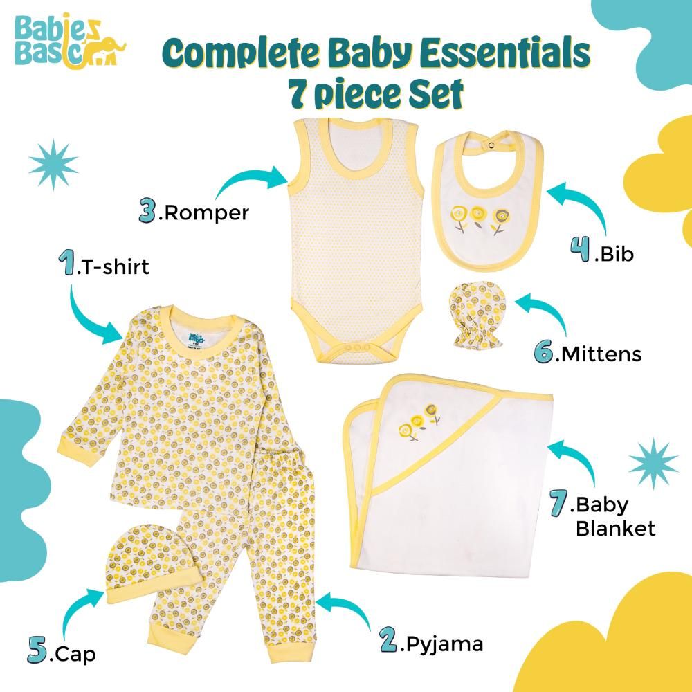 Babies Basic - 7pc Cotton Set - Bib, Romper, Mittens, Blanket, Cap, Top & Pyjama - Flower - Lemon