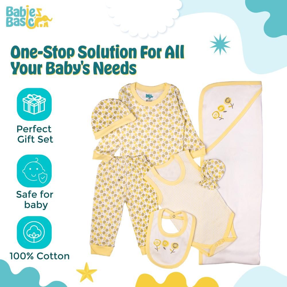 Babies Basic - 7pc Cotton Set - Bib, Romper, Mittens, Blanket, Cap, Top & Pyjama - Flower - Lemon