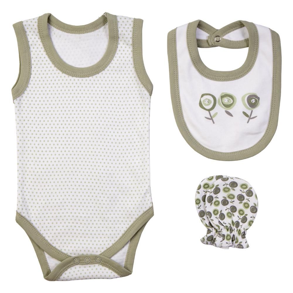 Babies Basic - 7pc Cotton Set - Bib, Romper, Mittens, Blanket, Cap, Top & Pyjama - Pista/White