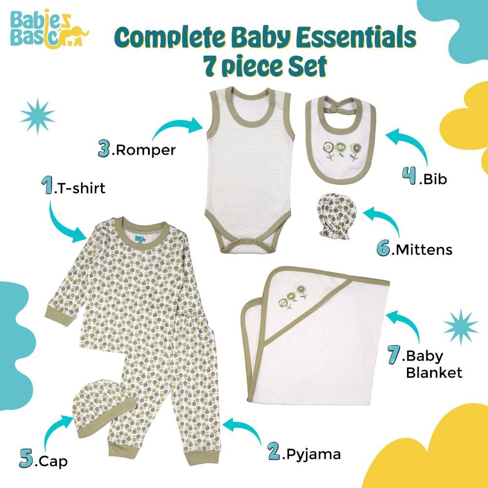 Babies Basic - 7pc Cotton Set - Bib, Romper, Mittens, Blanket, Cap, Top & Pyjama - Pista/White