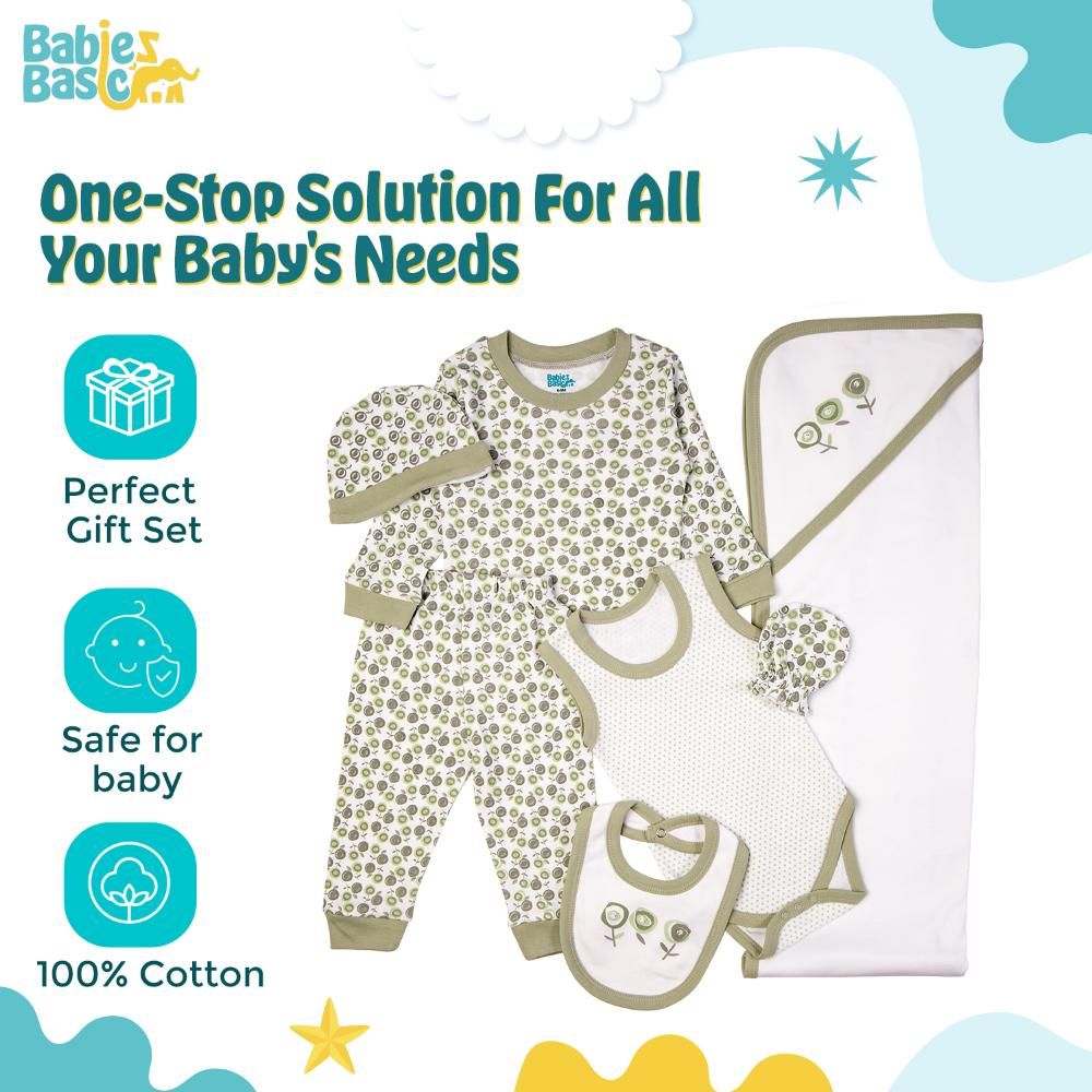 Babies Basic - 7pc Cotton Set - Bib, Romper, Mittens, Blanket, Cap, Top & Pyjama - Pista/White