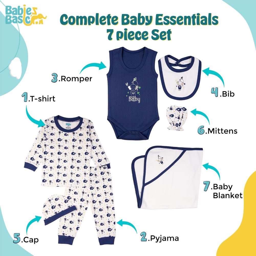 Babies Basic - 7pc-Set - Baby Cotton Gift Set - Elephant - Air Force Blue