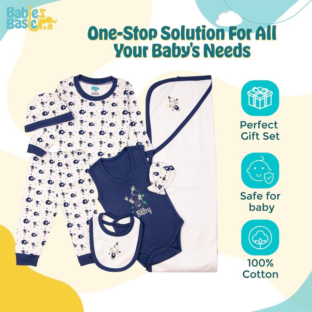 Babies Basic - 7pc-Set - Baby Cotton Gift Set - Elephant - Air Force Blue