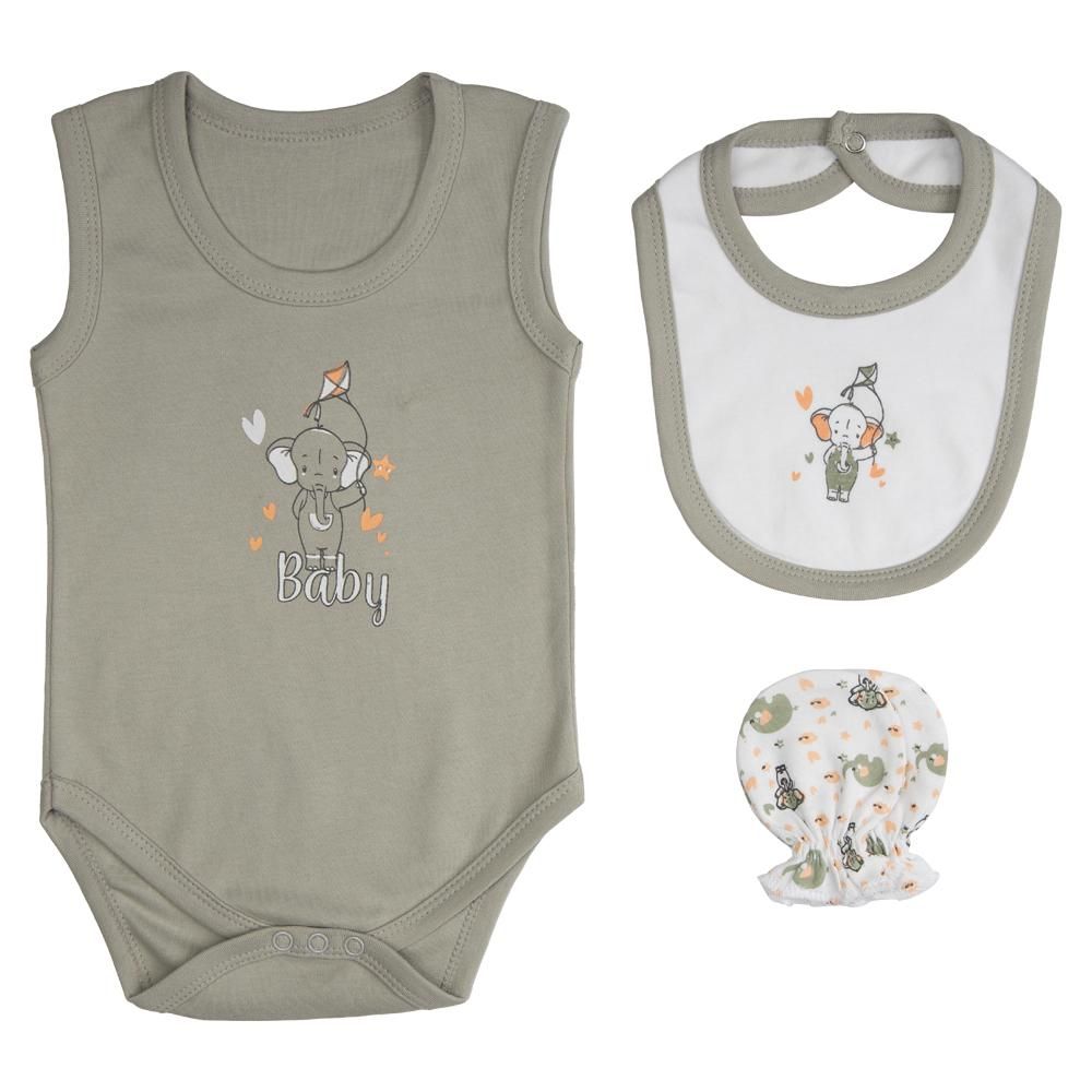 Babies Basic - 7pc Cotton Set - Bib, Romper, Mittens, Blanket, Cap, Top & Pyjama - Grey