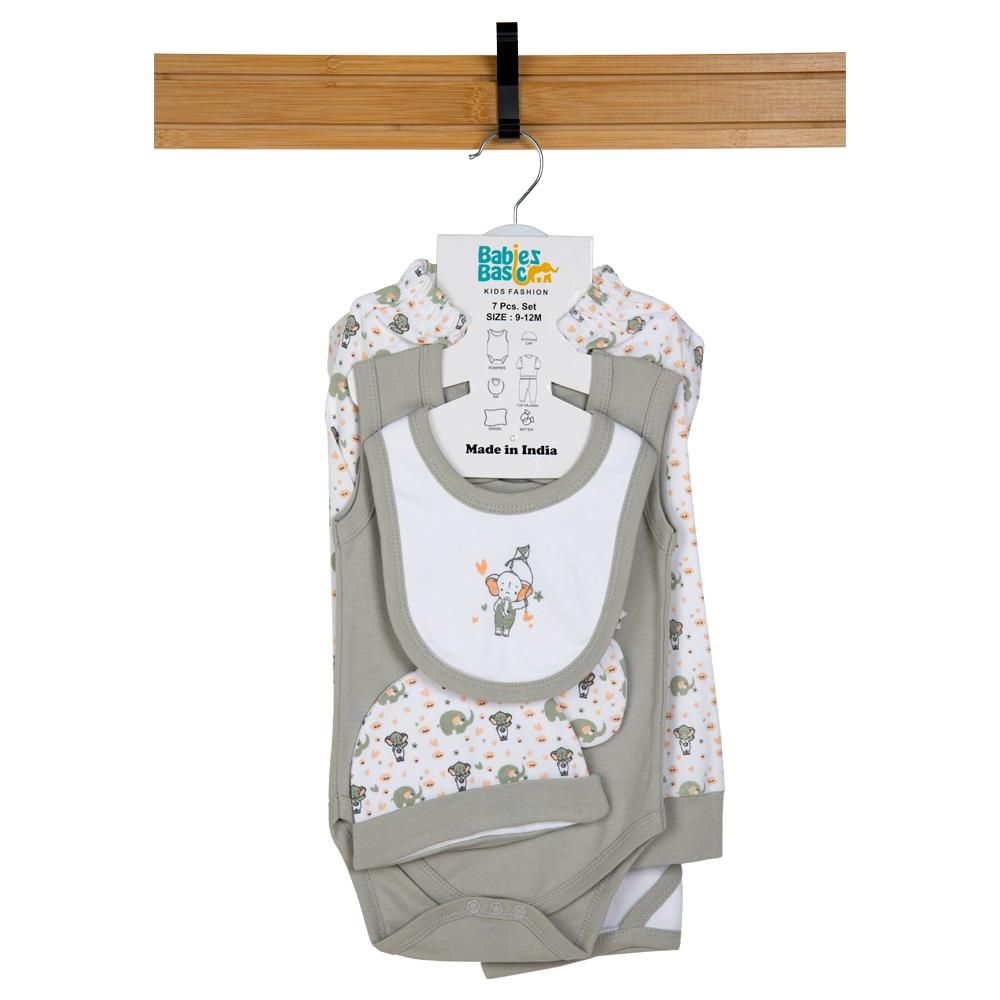 Babies Basic - 7pc Cotton Set - Bib, Romper, Mittens, Blanket, Cap, Top & Pyjama - Grey