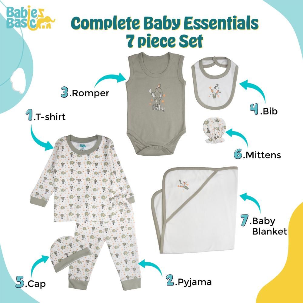 Babies Basic - 7pc Cotton Set - Bib, Romper, Mittens, Blanket, Cap, Top & Pyjama - Grey