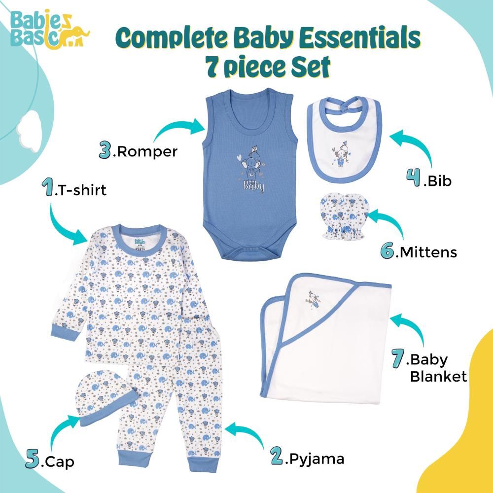 Babies Basic - 7pc Cotton Set - Bib, Romper, Mittens, Blanket, Cap, Top & Pyjama - Elephant - Sky Blue