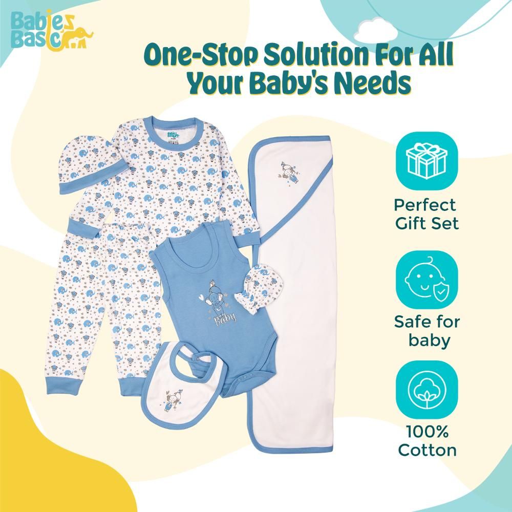 Babies Basic - 7pc Cotton Set - Bib, Romper, Mittens, Blanket, Cap, Top & Pyjama - Elephant - Sky Blue