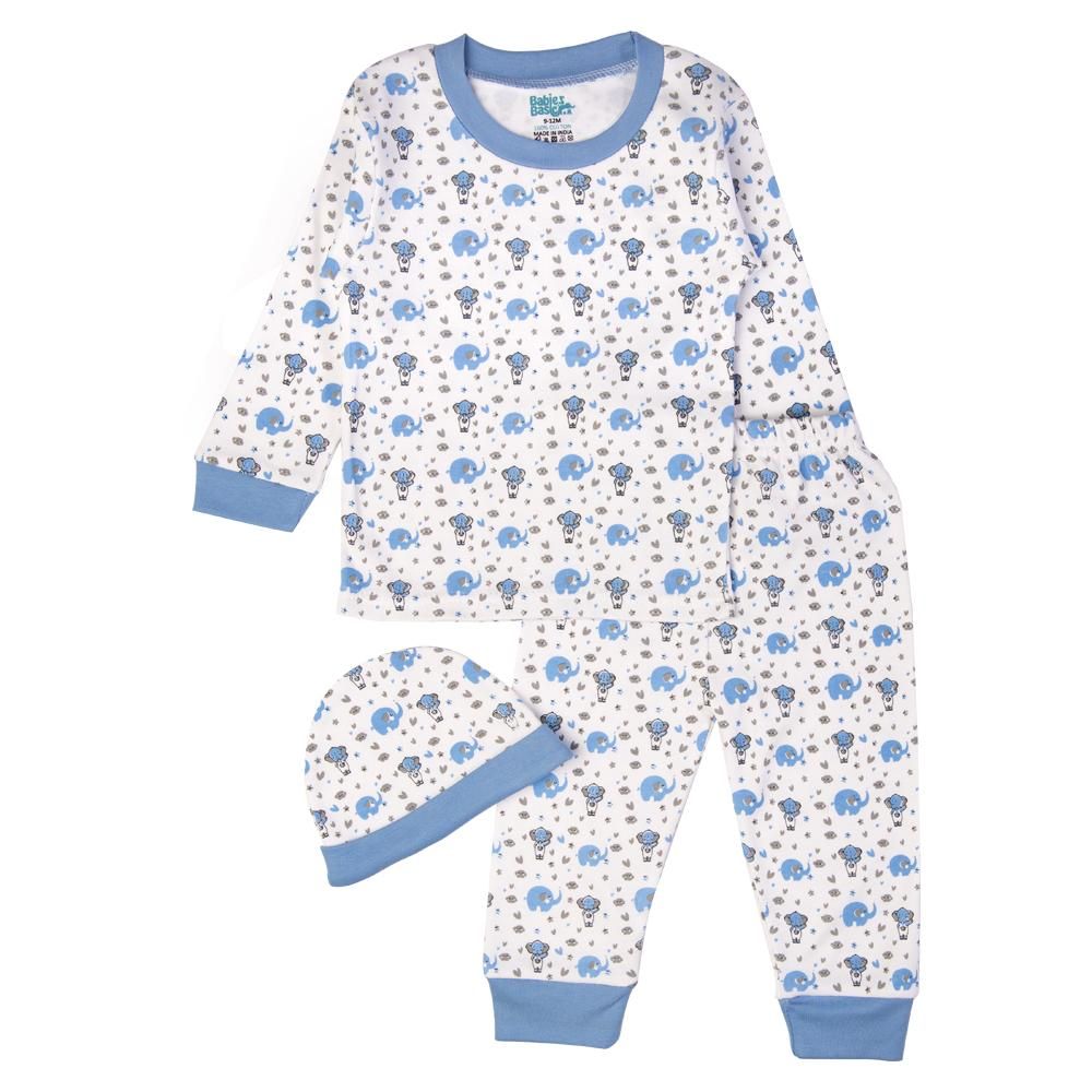 Babies Basic - 7pc Cotton Set - Bib, Romper, Mittens, Blanket, Cap, Top & Pyjama - Elephant - Sky Blue