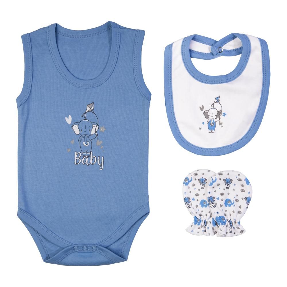 Babies Basic - 7pc Cotton Set - Bib, Romper, Mittens, Blanket, Cap, Top & Pyjama - Elephant - Sky Blue