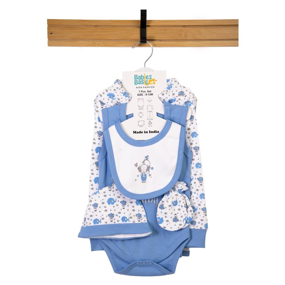 Babies Basic - 7pc Cotton Set - Bib, Romper, Mittens, Blanket, Cap, Top & Pyjama - Elephant - Sky Blue