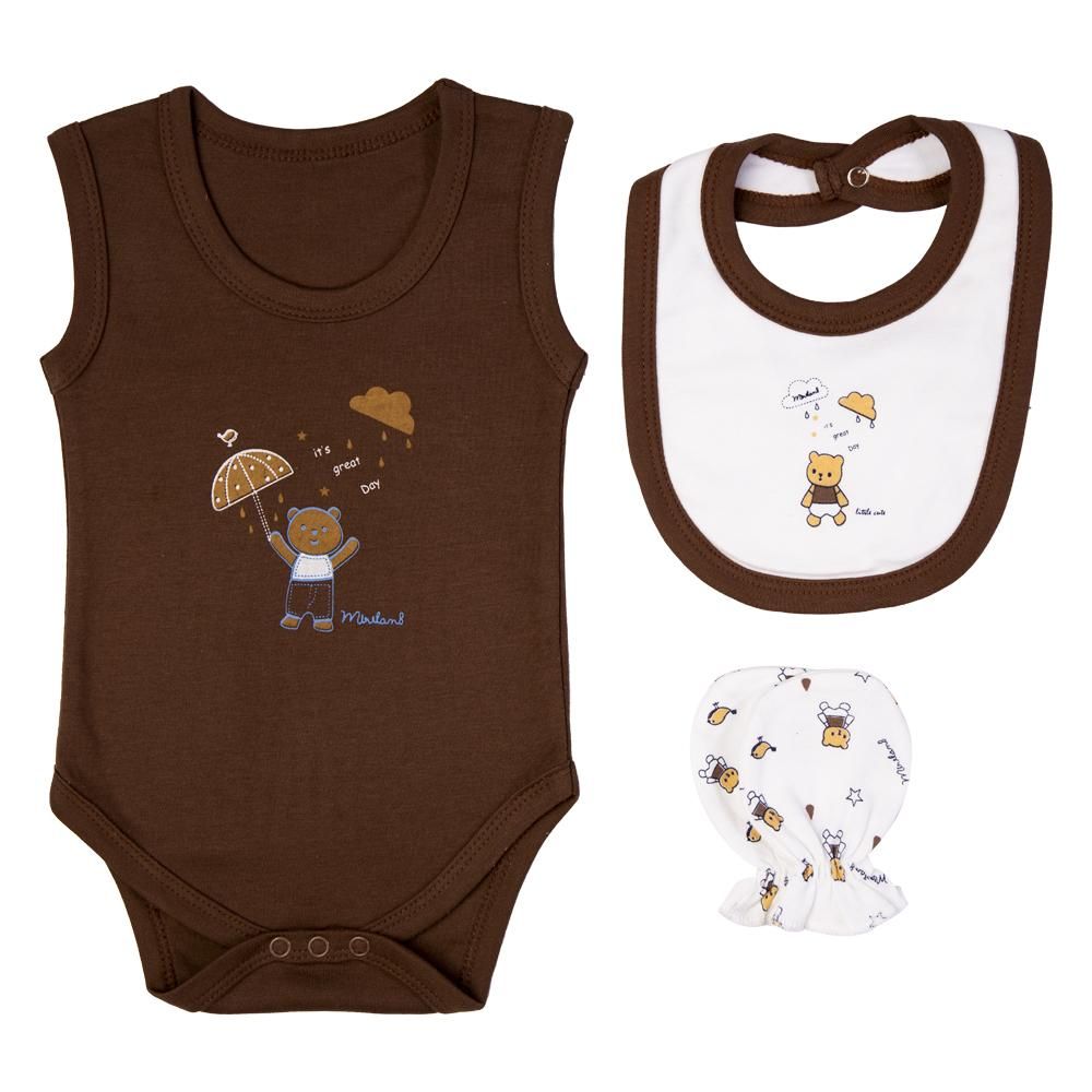 Babies Basic - 7pc Cotton Set - Bib, Romper, Mittens, Blanket, Cap, Top & Pyjama - White/Brown