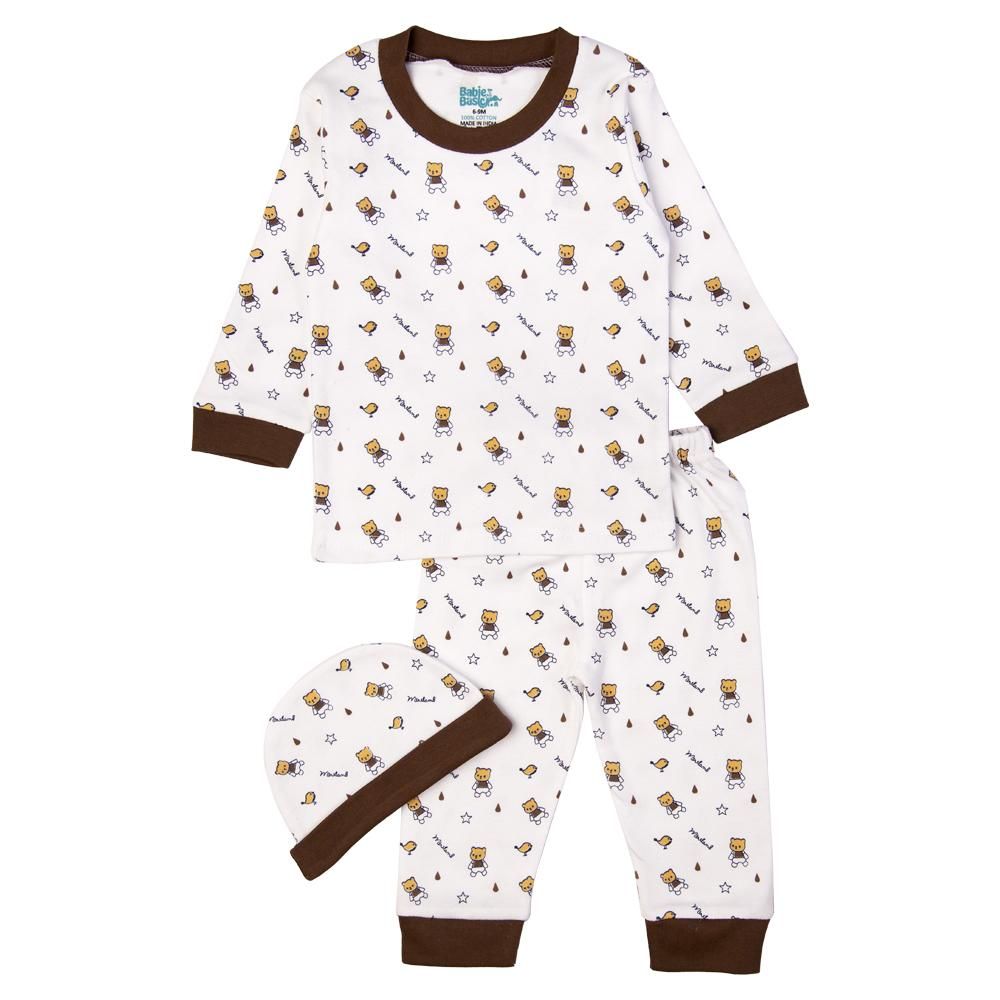 Babies Basic - 7pc Cotton Set - Bib, Romper, Mittens, Blanket, Cap, Top & Pyjama - White/Brown