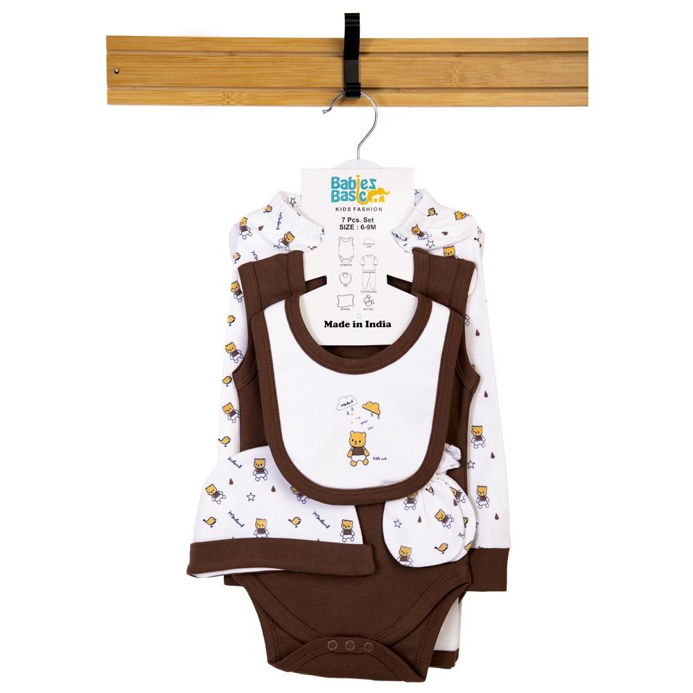 Babies Basic - 7pc Cotton Set - Bib, Romper, Mittens, Blanket, Cap, Top & Pyjama - White/Brown