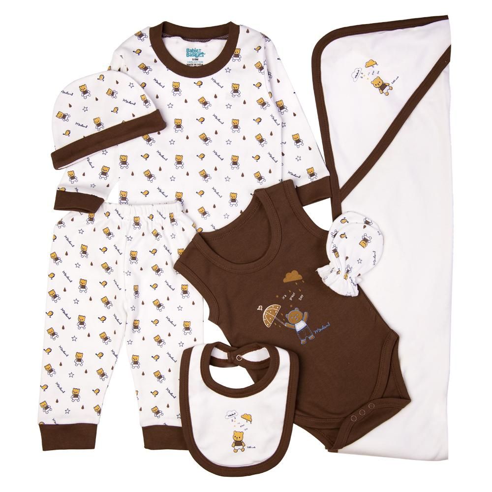 Babies Basic - 7pc Cotton Set - Bib, Romper, Mittens, Blanket, Cap, Top & Pyjama - White/Brown